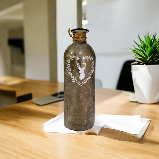 Bouteille verre décorative cerf effet ancien