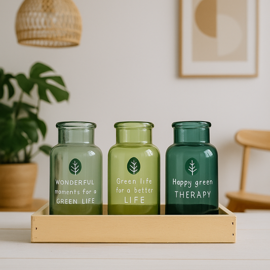 Trio de Bocaux en Verre Colorés avec Support en Bois – Messages Positifs